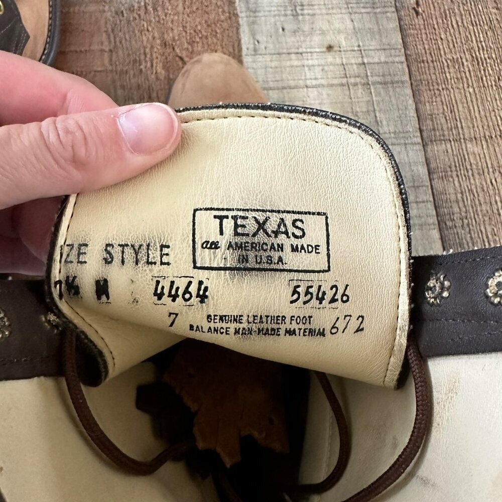 Vintage Texas Leather Work Boots Size 7.5 M Brown Black Fringe Style 4464 - Picture 2 of 12
